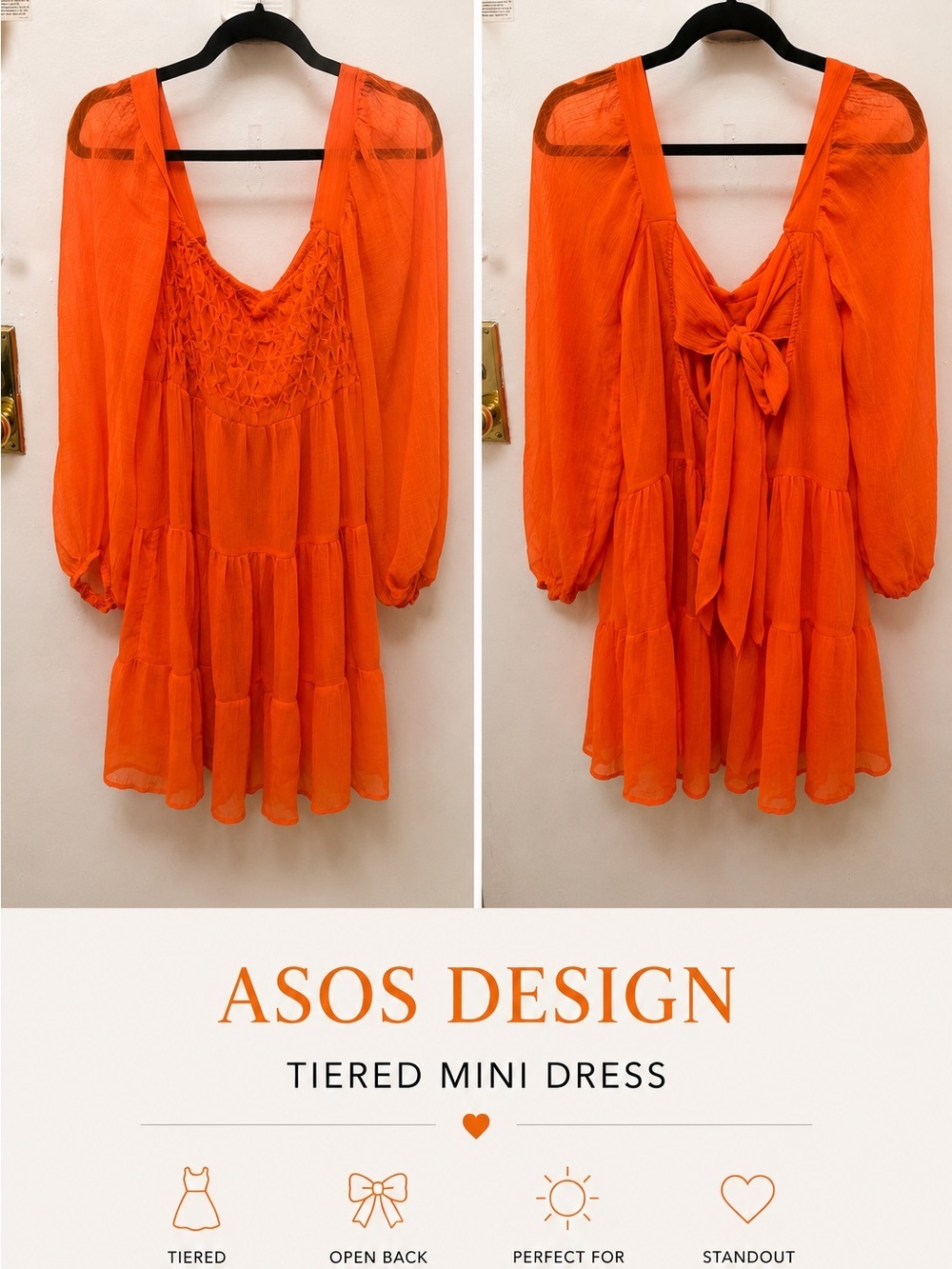 ASOS Orange Tiered Mini Dress with Open Back Tie